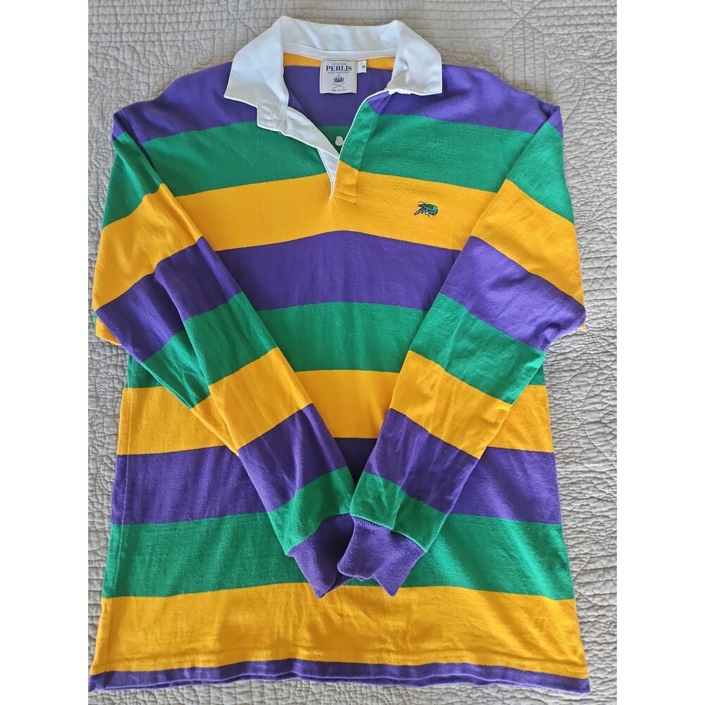 Perlis Mardi Gras Rugby Shirt Mens Small Purple Green Gold Striped Made in USA